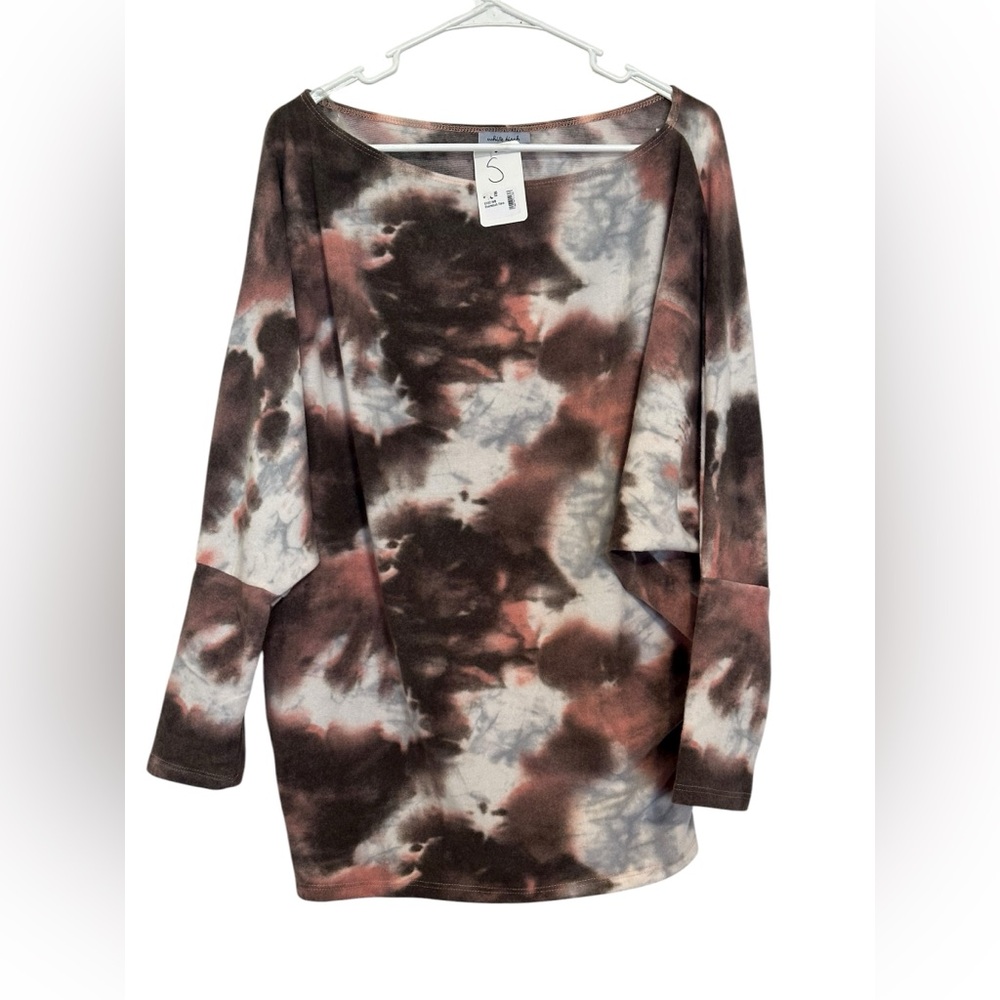White Birch Oversized Tie Dye Long Sleeve Top Brown Black Mauve Small NWT Soft